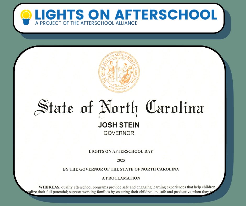NC Center for Afterschool Programs (@ncafterschool) on Twitter photo It's official! Today is #lightsonafterschool Day in North Carolina. Thank you, <a href="/NC_Governor/">Governor Josh Stein</a> Josh Stein, for shining a light on North Carolina's afterschool programs, which serve more than 188,000 children and families across NC! 
#LightsOnAfterschoolNC #NCAfterschool It's official! Today is #lightsonafterschool Day in North Carolina. Thank you, <a href="/NC_Governor/">Governor Josh Stein</a> Josh Stein, for shining a light on North Carolina's afterschool programs, which serve more than 188,000 children and families across NC! 
#LightsOnAfterschoolNC #NCAfterschool