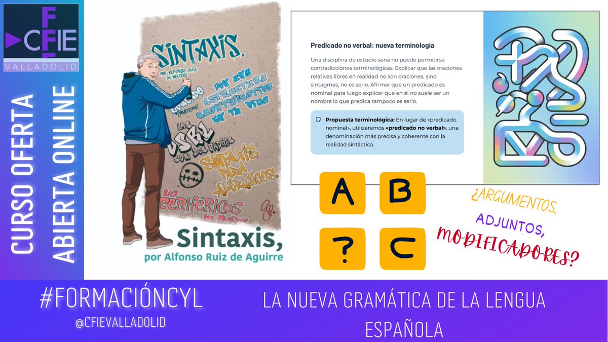 En esta sesión navegamos por las inciertas aguas de la NGLE de la mano de Alfonso Ruiz de Aguirre
🧐la sintaxis en las PAU
🆕novedades de NGLE y GTG
⁉️casos ambiguos
@alfonsoruizdeaguirre
<a href="/formacioncyl/">Formación CyL</a>
<a href="/educacyl/">Educación JCyL</a>