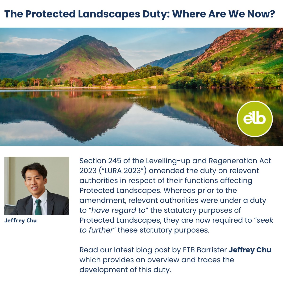 EnvLaw_Blog's tweet image. Section 245 of the Levelling-up and Regeneration Act 2023 amended the duty on authorities regarding Protected Landscapes - changing it from “have regard to” to “seek to further” their statutory purposes.
🔗lnkd.in/edKcghSY
Subscribe to #elb: lnkd.in/eX6CStUw