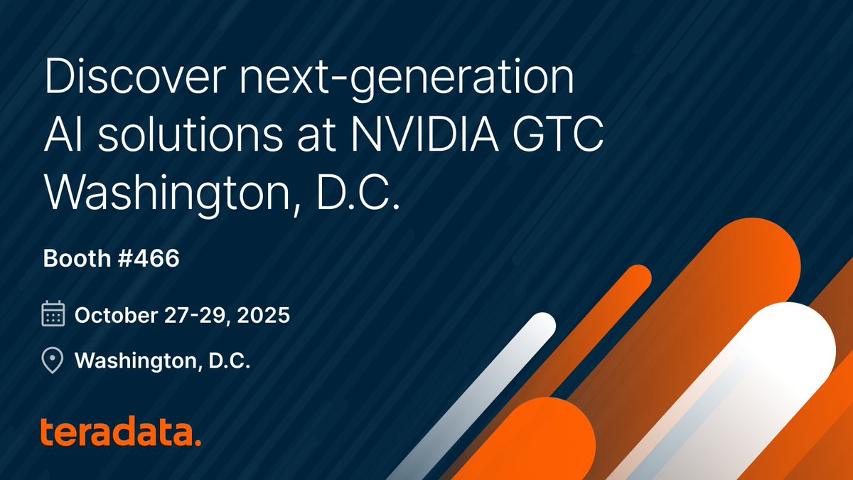 Teradata's tweet image. Join us at #NVIDIAGTC DC! Booth 466 → AI insights + a chance to win NY Giants or LA Clippers tickets. Don’t miss it! 

Learn more and register now: ms.spr.ly/6017shXEH