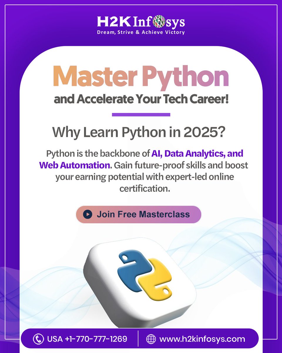 h2kinfosys's tweet image. Why Learn Python in 2025?
Enroll Now : h2kinfosys.com/courses/python…
📷 +1 770-777-1269 | 📷 training@h2kinfosys.com
📷 For Latest Updates about H2kinfosys In One Click: h2kinfosys.com/quick-links/
#PythonTraining #LearnPython #PythonCourse #TechCareer #PythonCoding #PythonDeveloper