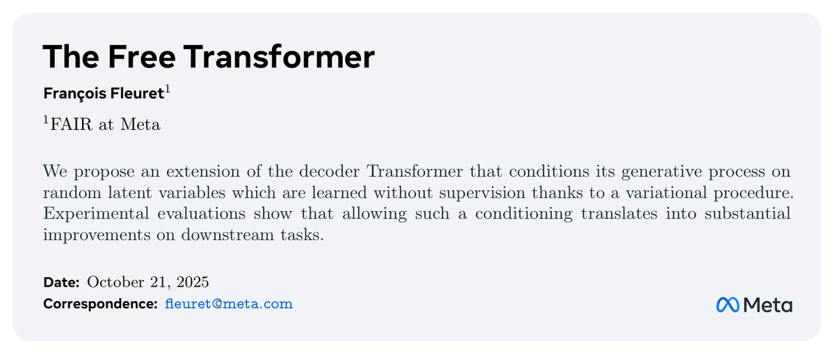 arxivsanitybot's tweet image. tinyurl.com/28d6ghqy The authors introduce an enhanced decoder Transformer that conditions its outputs on unsupervised random latent variables via a variational method. This approach significantly boosts performance on downstream tasks.