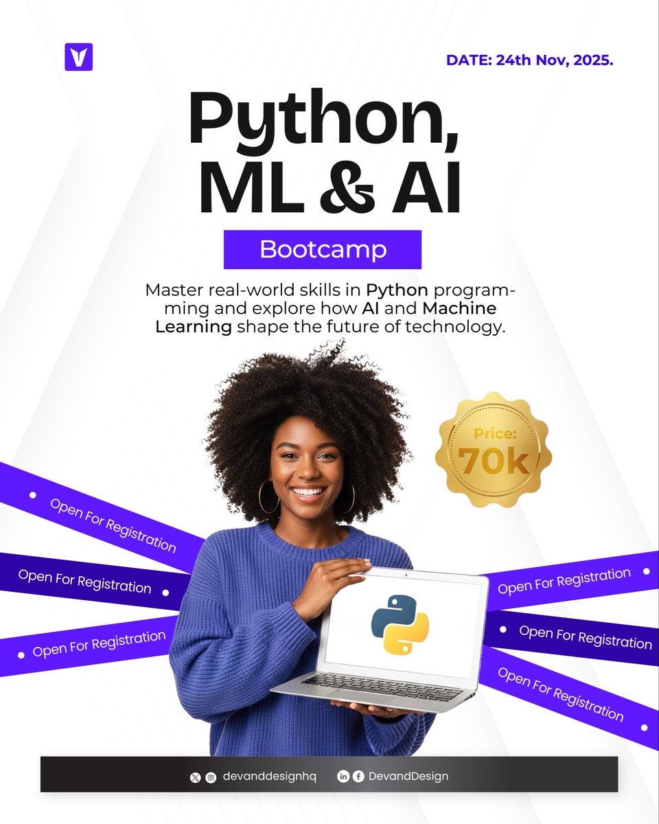 devanddesignhq's tweet image. If you’ve been saying “I’ll learn Python soon” this is your sign.
Join our Python, ML & AI Bootcamp and finally take that step into tech.
You’ll learn how to code, analyze data, and many more.
Registration is open now : devdesignhq.com/python-bootcam…