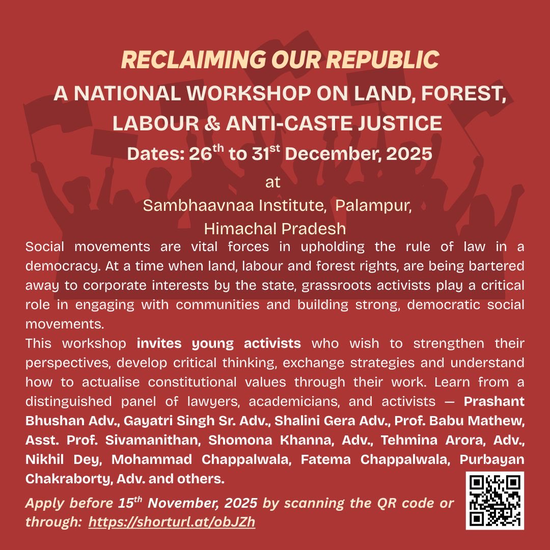 pbhushan1's tweet image. An important workshop on Land, Forest, environment & caste rights is being held at the pristine environment of Sambhavna Institute at Palampur, HP from 26th to 31st December. Limited seats. All interested activists should apply