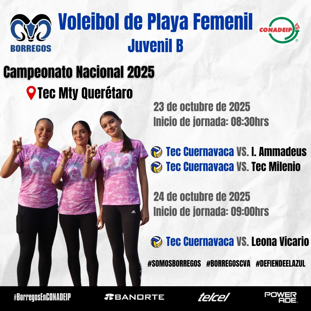 TECcampusCVA's tweet image. Le deseamos mucho éxito a nuestro equipo femenil de Voleibol de Playa Juvenil B en el Campeonato Nacional de #CONADEIP que se llevará a cabo del 23 al 25 de octubre en el Tec campus Querétaro 🏐

¡Enhorabuena! Vamos Cuerna 🐑💙
#BorregosCVA #OrgulloTec #SoyTec #CampusCuerna