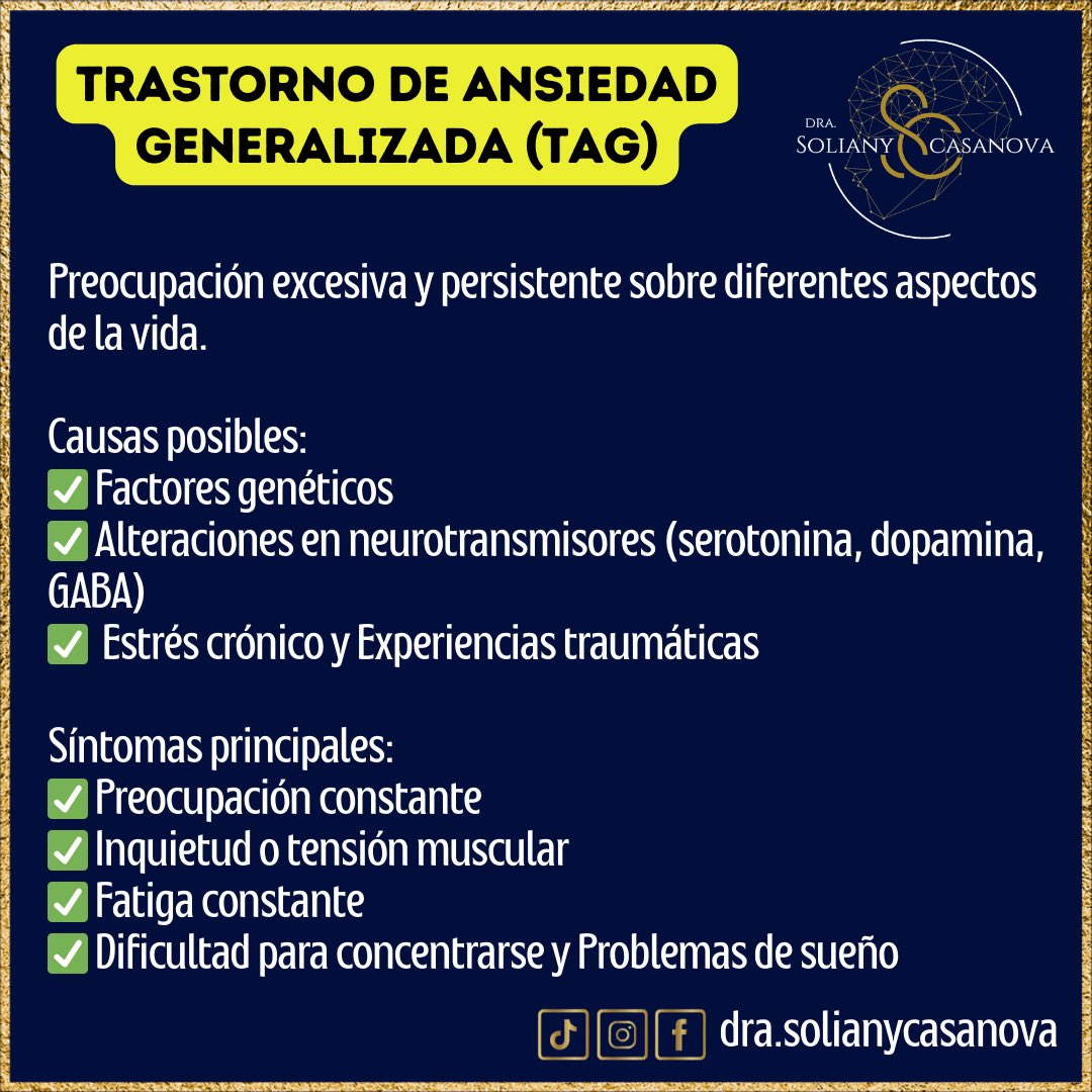 solianycasanova's tweet photo. Trastorno de Ansiedad Generalizada (TAG) 🧠 : Es un trastorno caracterizado por una preocupación excesiva y constante por muchas cosas (trabajo, salud, familia, dinero…), incluso cuando no hay una razón clara para preocuparse. #saludmental #saludmentalyemocional #psicologa #psic https://t.co/FY12TlMul6