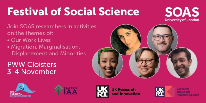 SOAS joins the UK-wide #FestivalOfSocialScience (theme: Our Working Lives) for our 3rd run on 3–4 Nov. Interactive workshops with young students on identity, migration &amp; how culture shapes work—from AI to art. Follow our highlights here!