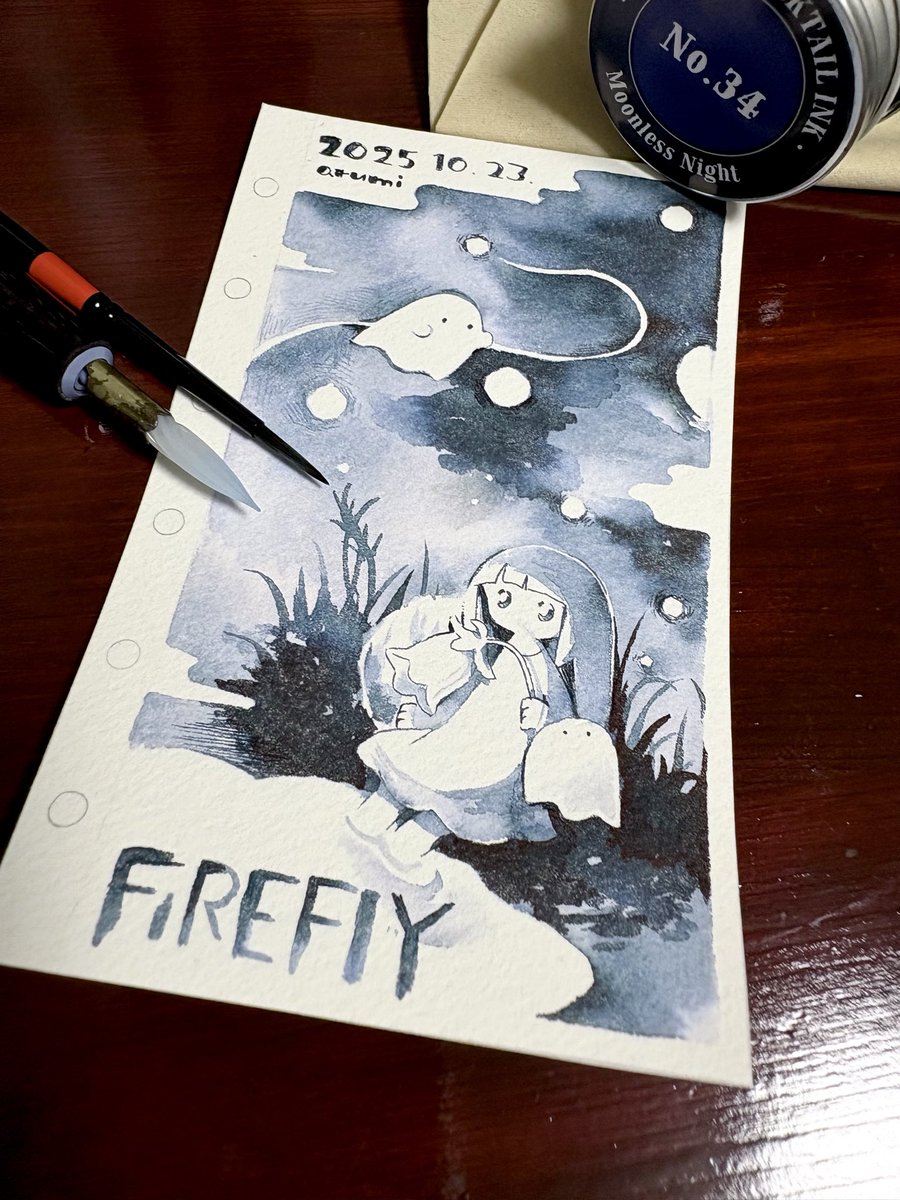 23. FIREFIY
蛍とおばけが踊る夜

紙:ランプライト
インク:伊東屋横浜元町 
COCKTAILINK Moon less Night

#inktober #inktober2025