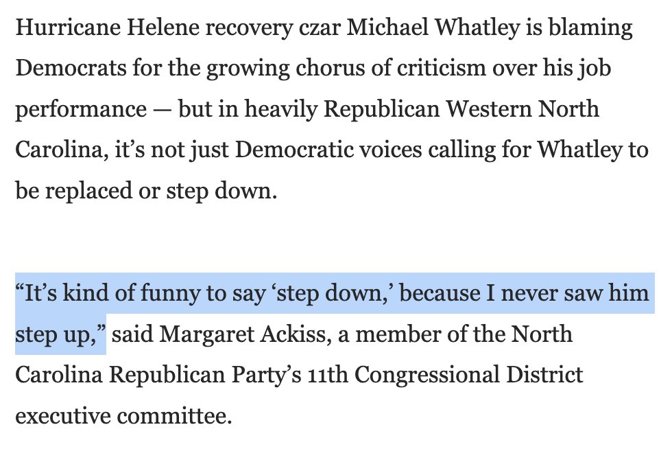 Dadgum: a growing, bipartisan chorus in Western NC is demanding <a href="/WhatleyNC/">Michael Whatley</a> resign as Trump's "Hurricane Helene Recovery Czar," saying he's done nothing to help. Federal assistance has come to a standstill.

Turns out, just constantly blaming Democrats doesn't fix anyone's house.
