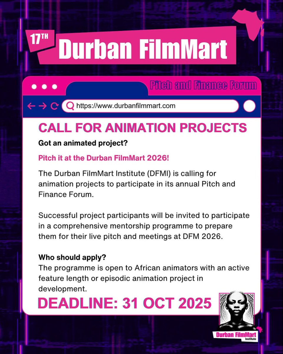 Calling all animators! <a href="/durbanfilmmart/">Durban FilmMart SA</a>  is now accepting submissions for animation projects to pitch at DFM 2026. Open to African animators with feature-length or episodic projects in development fiction or documentary. Apply via link in their bio.
Deadline: 31 October 2025