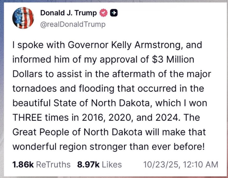 DocsCenter's tweet image. This will be gone in a nanosecond. Just how stupid does @realDonaldTrump  think the people of North Dakota are? Pretty stupid. He should send the $300 million he's spending on that grotesque ballroom instead. @KristiNoem @POTUS @VP @JDVance