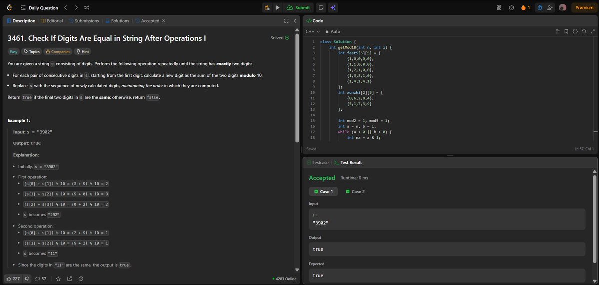 Anurags44798025's tweet image. Day 86 of #100DaysOfCode! 🚀Tackled LeetCode 3461: Check If Digits Are Equal in String After Operations I.Problem: Keep summing consecutive digits
#LeetCode #CodingChallenge #Algorithms #Simulation #Java #Python