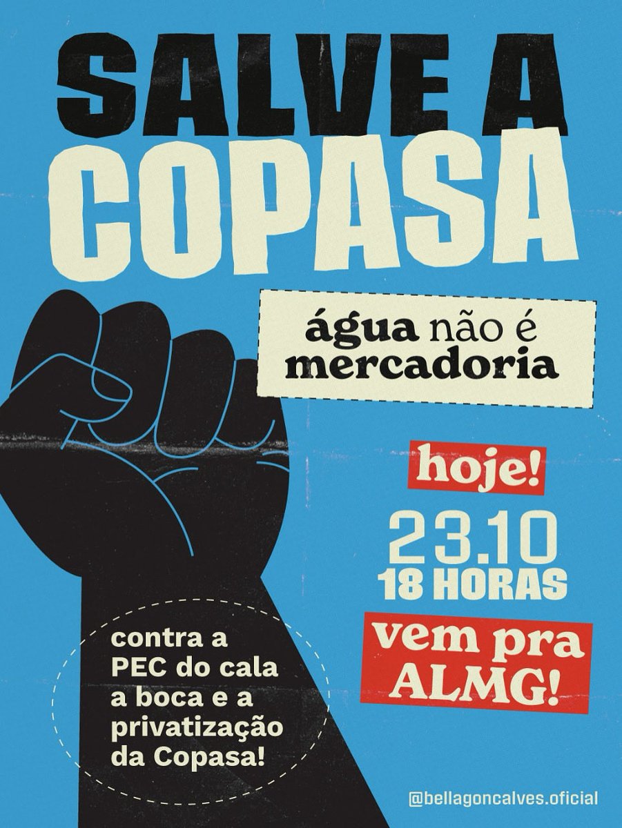 bellagoncalvs's tweet image. 🚨🚨🚨 URGENTE!

O governador Zema está tentando derrubar o referendo popular sobre as estatais e privatizar a Copasa, a toque de caixa. ‼️ A votação em primeiro turno começa HOJE, quinta-feira (23/10), às 18h, no Plenário da ALMG e promete varar a madrugada.

📣 Compartilhe.…