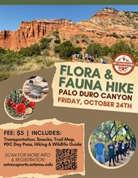 WTAMUOSA's tweet photo. Join WT Outdoors to explore the flora &amp; fauna at their local Palo Duro Canyon State Park! Hike along trails discovering all the critters/plants native to this special panhandle ecosystem w/ an experienced Wildlife Biology guide. Check out details/registration on their website! https://t.co/1wQ4Trp9bx