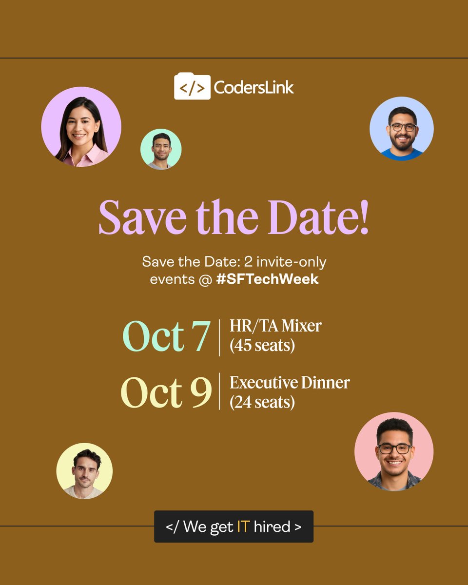 hirecoderslink's tweet image. Senior HR &amp;amp; TA leaders join us during #SFTechWeek for invite-only

Connect. Learn. Scale. RSVP →

🍸 Happy Hour Mixer
Oct 7 👉 bit.ly/3VOUaUB
🍽️ Executive Dinner
Oct 9 👉 bit.ly/48NeBZz