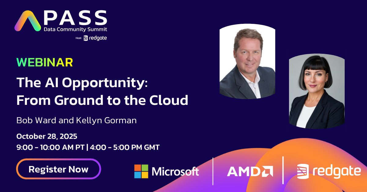 AzureSQL's tweet image. 🚀 The AI Opportunity: From Ground to the Cloud
Join Redgate & @bobwardms for an exclusive (and free) webinar ahead of #PASSDataSummit!
✅ Sneak peek: #SQLServer2025, #AzureSQL, #MicrosoftFabric & more
📅Oct 28 | 9 AM PT
🔗Register now: bit.ly/479hpzi