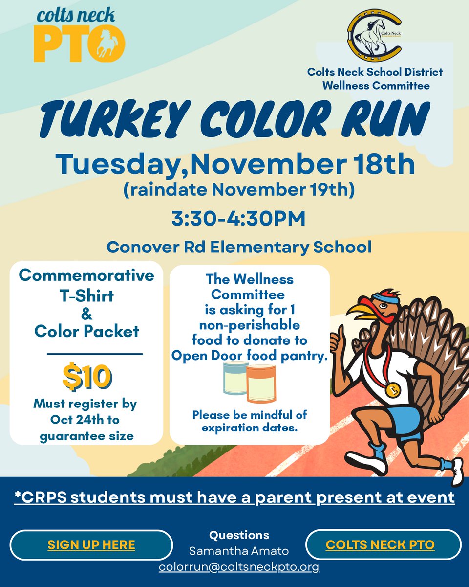 CedarDriveMS's tweet image. Feathers will fly at the Colts Neck PTO Turkey Color Run! Come out for some colorful fun and fitness! 🎨🏃‍♂️ #CDMS #TurkeyColorRun