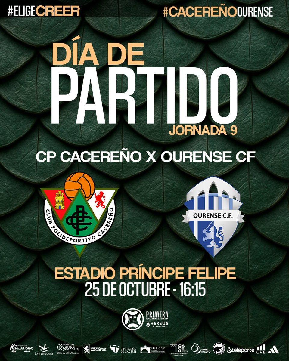 💚 Hoy no es un día cualquiera, hoy juega el #Cacereño 🙌
⚽️ Jornada 9ª
🆚 <a href="/Ourense_CF/">Ourense CF</a> 
🏟️ Estadio Príncipe Felipe
⌚️ 16:15 horas
#⃣ #CacereñoOurense 
📺 <a href="/teleporte_cc/">Teleporte</a>

#EligeCreer #LaOrdenDelDecano
#AúpaCPC