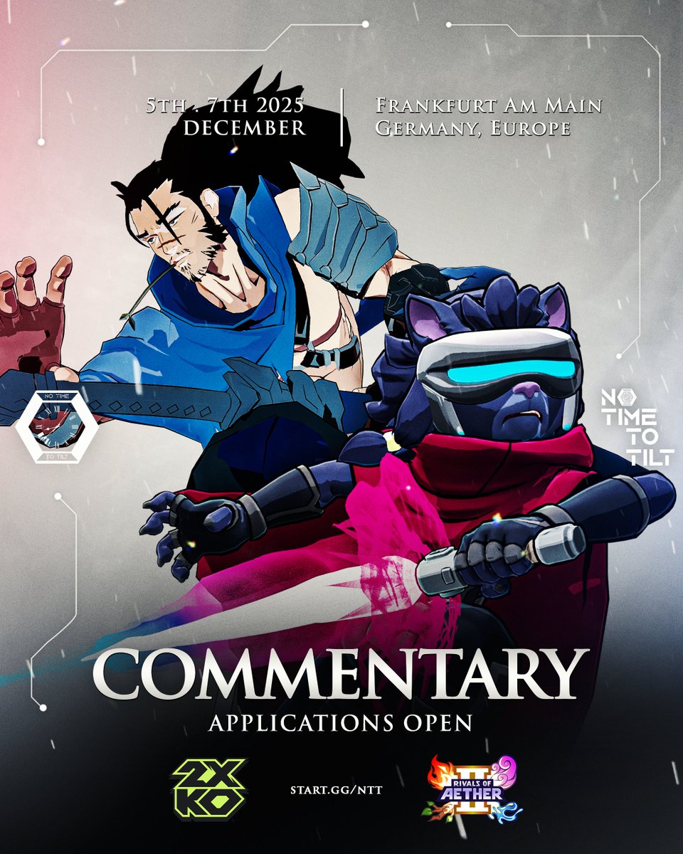 We are looking for YOU as a caster! 🎙️

If you would like to participate No Time To Tilt 2025 as a Caster in our <a href="/Play2XKO/">2XKO</a> &amp; <a href="/RivalsOfAether/">Rivals of Aether II</a> Events on December 6+7 2025 in Frankurt, then get in touch with us now!

You can find the Link to the Caster Application below the Post 👇