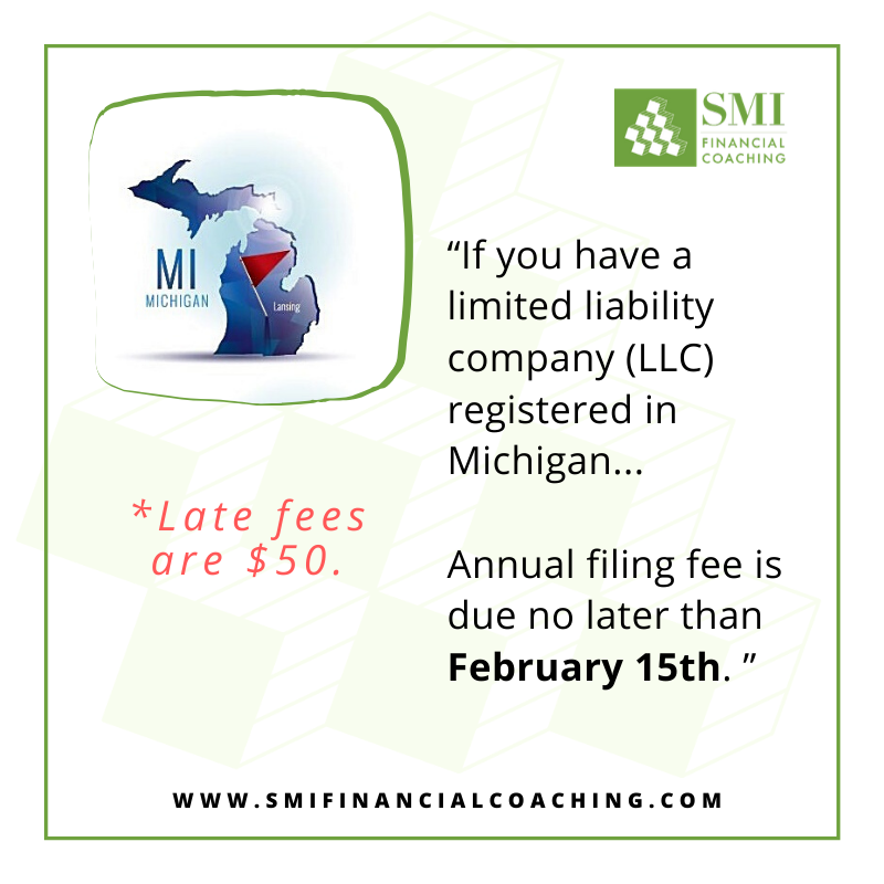 If you have a limited liability company (LLC) registered in #Michigan, your annual report and filing fee are due by February 15th. Late fees are $50. #smallbusiness #finances