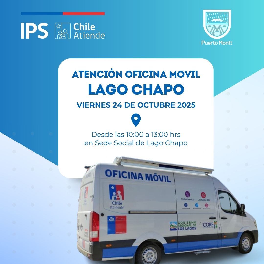 🩵 1️⃣ Lago Chapo – Puerto Montt
📍 Este viernes 24 de octubre, el Móvil IPS #ChileAtiende estará en el sector Lago Chapo (Puerto Montt), de 10:00 a 13:00 hrs.
💬 Acércate y realiza tus trámites sin tener que viajar 🙌