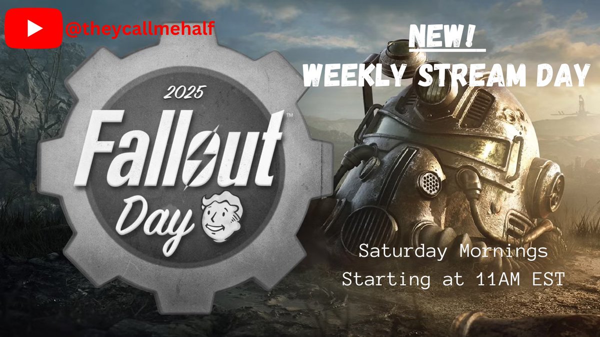 TheyCallMeHalf's tweet image. Okay for my own personal #falloutday announcement I'm going to make my scheduled stream Saturday Mornings at 11 AM EST. I'll prolly do other streams, but for now I wanted to set at least one regular stream. #Fallout76 #YouTube
