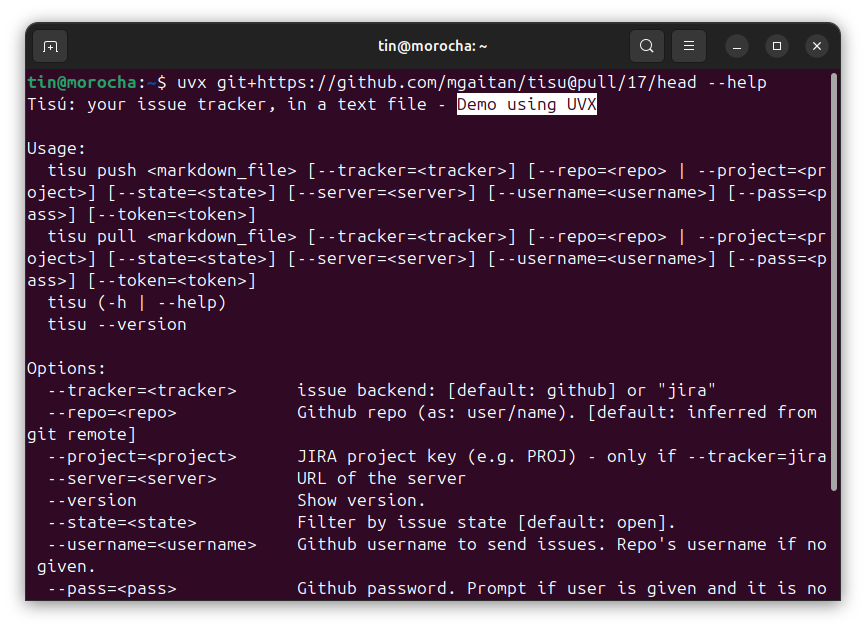 tin_nqn_'s tweet image. 🚀 Nice uv trick to quickly test dev versions of #Python CLI tools:
You can run a repo’s command directly if it matches the repo. E.g. with my tool tisu 
uvx git+github.com/mgaitan/tisu --help 
To try a PR, directly add @pull/&lt;PR&gt;/head