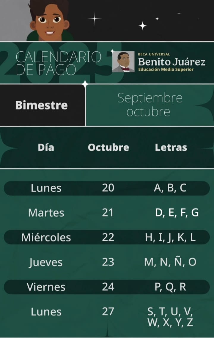 Ya puedes consultar el calendario de pagos correspondiente al cuarto bimestre del año 2025 (septiembre-octubre) de los programas Beca Universal Benito Juárez y Jóvenes Escribiendo el Futuro. 
Disponible en gob.mx/becasbenitojua…

Más información: goo.su/KWfz
