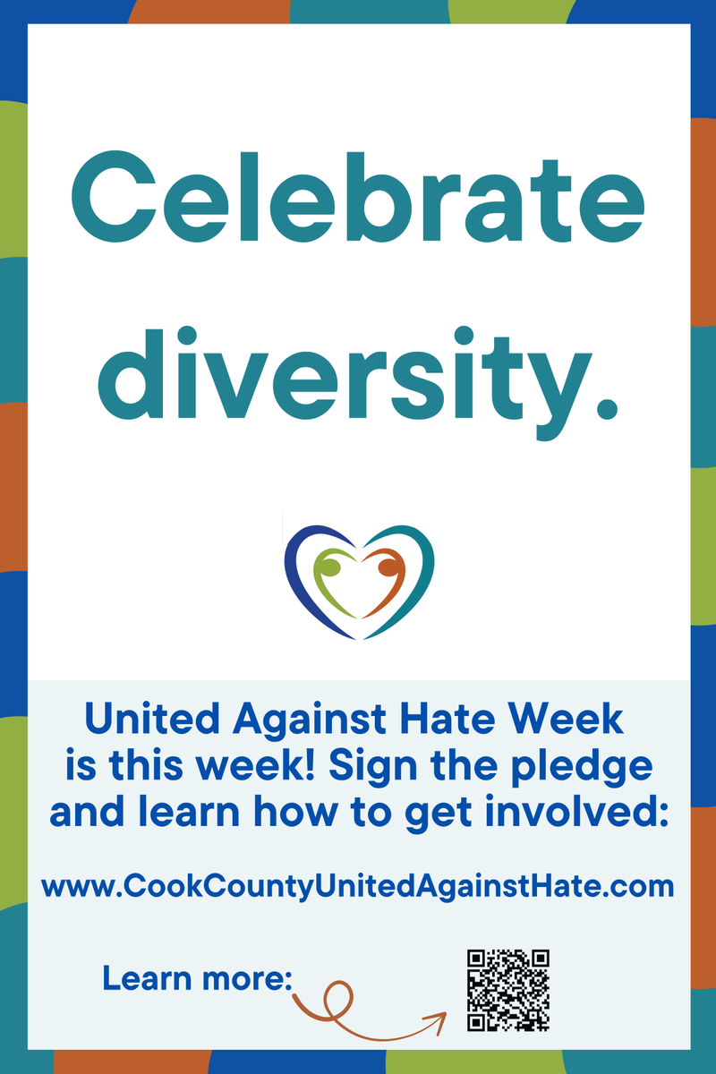Cook County United Against Hate was created by civic leaders in response to the rise in expressions of hate in our communities. Take action to alter the course of this growing intolerance. 

Sign the pledge &amp; get involved—learn more at cookcountyunitedagainsthate.com/unitedagainsth…