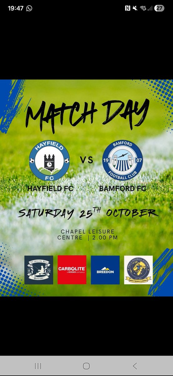 Hope Valley Premier Division 

🗓 Saturday 25th October 
⏰ 14:00pm Kick off
🆚️ Hayfield
🏟 Chapel Leisure Centre

🔵⚪️🔵⚪️