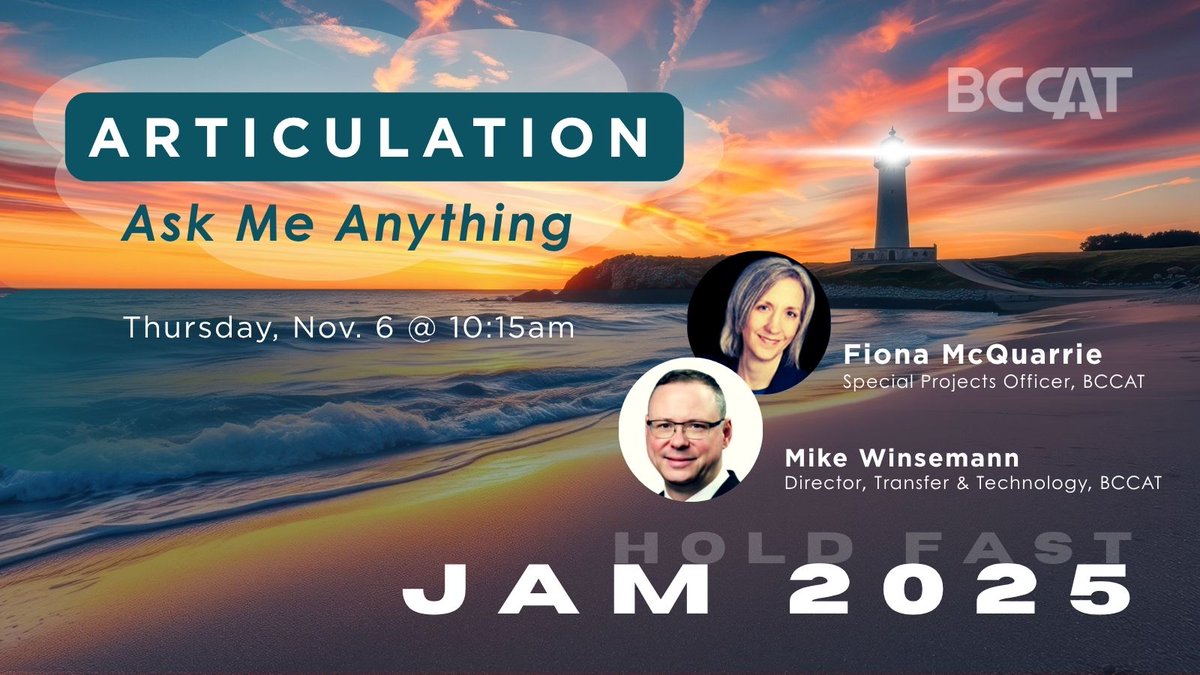 bccat_org's tweet photo. Bring all your questions! @MikeWinsemann &amp; Dr. Fiona McQuarrie answering all things #articulation at our next #BCCATJAM session.

#students #transfer #highered #BCpse https://t.co/TVReKmU5JW