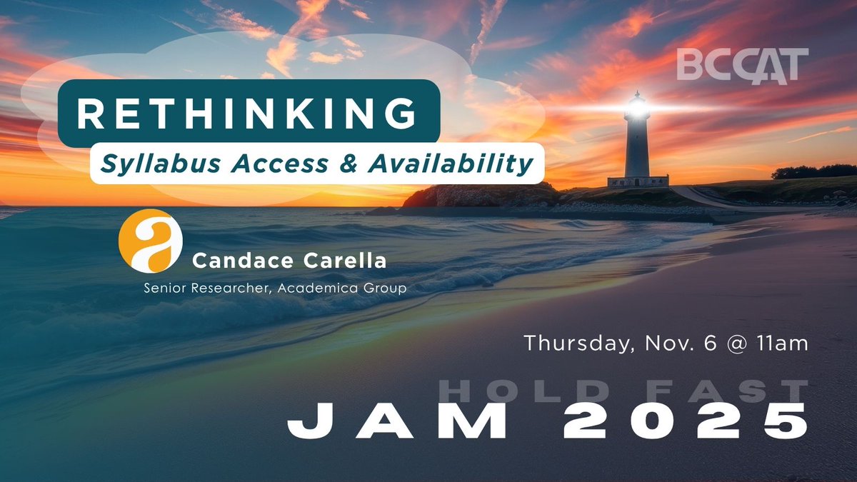 bccat_org's tweet image. Join Senior Researcher at Academica Group, Candace Carella, as she presents research on the timing of syllabus distribution and syllabus content and its impact on student success, satisfaction, &amp;amp; retention.

#highered #retention #BCpse