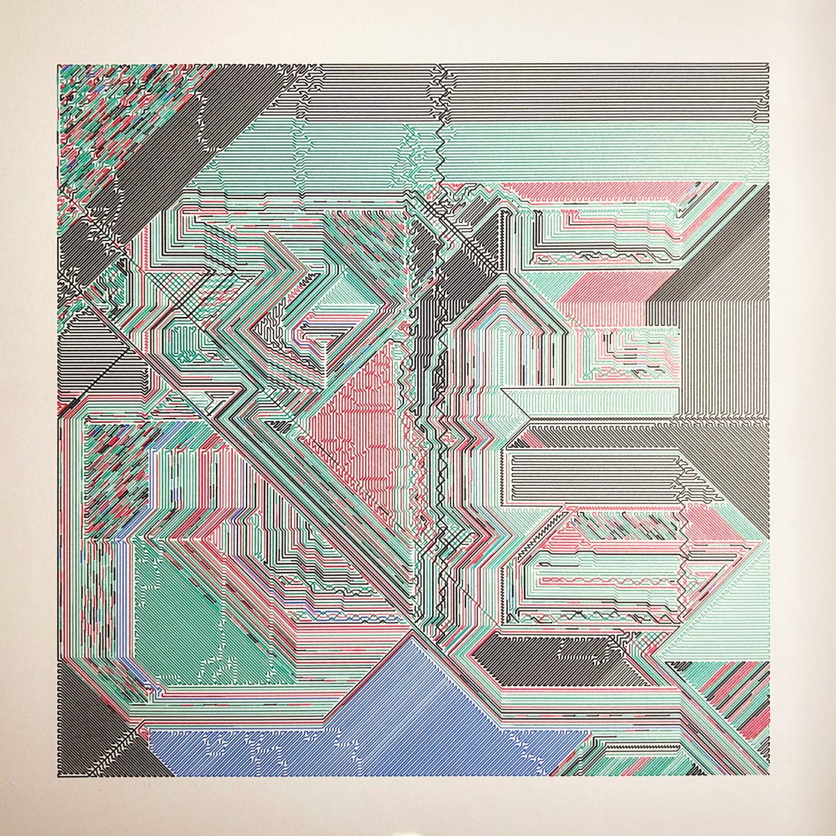 CCDDBB's tweet image. Another output from my w.i.p. algo &quot;Plottale Mess&quot; plotted on smooth 32x32 cm paper.
Forgive the photo quality..

 #javascript #plotterart #plottertwitter #plotting #generativeart #genart