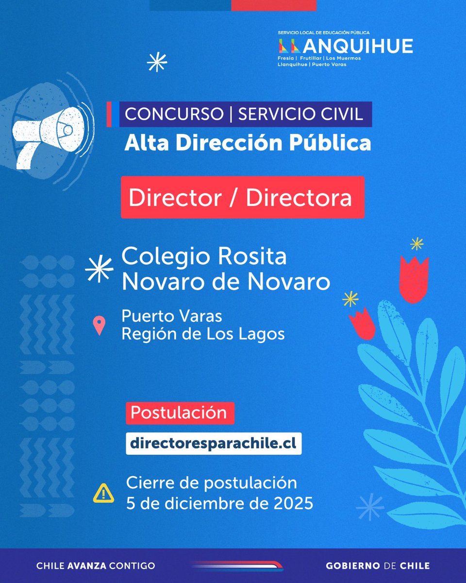 📣 ¡Concurso abierto!

Postula al cargo de director / directora del Colegio Rosita Novaro de Novaro, ubicado en la comuna de Puerto Varas, región de Los Lagos. 🏫

📅 Cierre de postulación: 5 de diciembre de 2025

🔗 Postula en directoresparachile.cl

📚 ¡Súmate al desafío!💪✏️