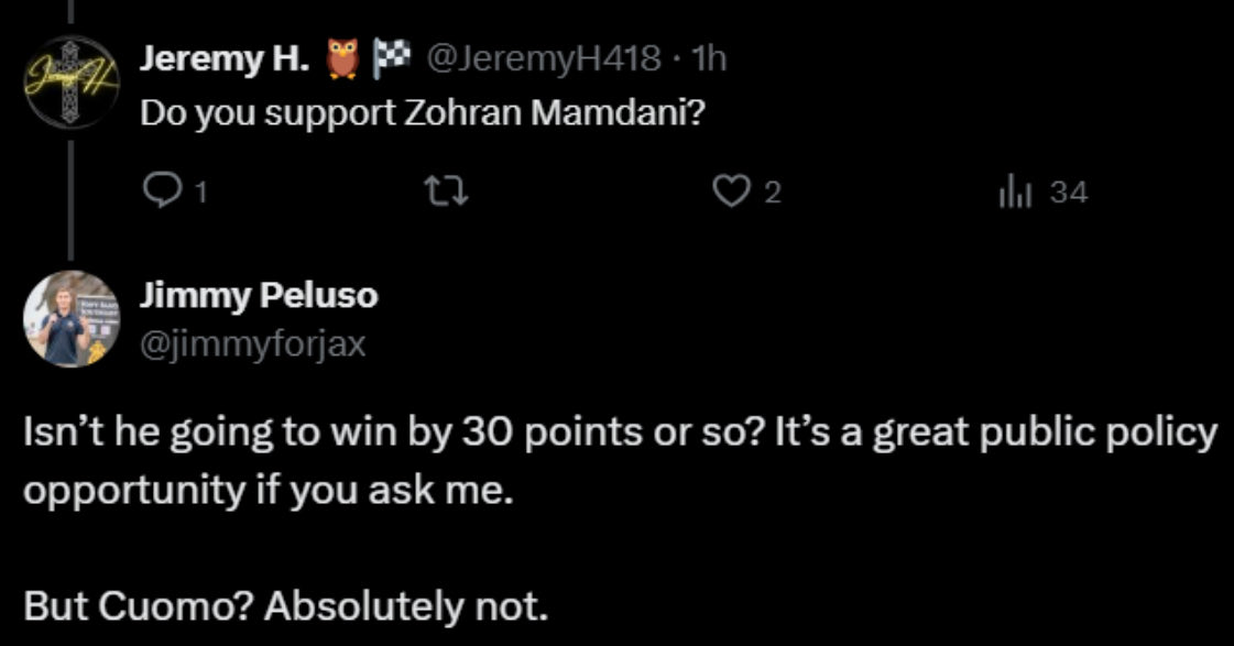 LibsofDuval's tweet image. Hey @jimmyforjax, we look forward to you sharing with @wjxt4 @FCN2go @jaxdotcom @ActionNewsJax your excitement about the “great public policy opportunity” socialist candidate @ZohranKMamdani brings to NYC. Do you want to bring this opportunity to Jax as well?