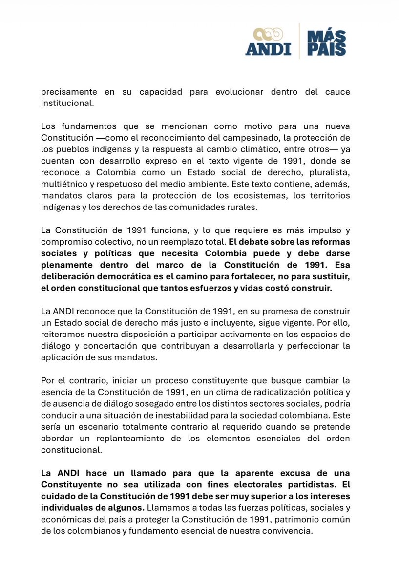 Comunicado de la ANDI sobre la propuesta de Asamblea Nacional Constituyente: La deliberación democrática es el camino para fortalecer y no para sustituir el orden constitucional que tanto costó construir.
La Constitución de 1991 ha sido símbolo de transformación y de unión.