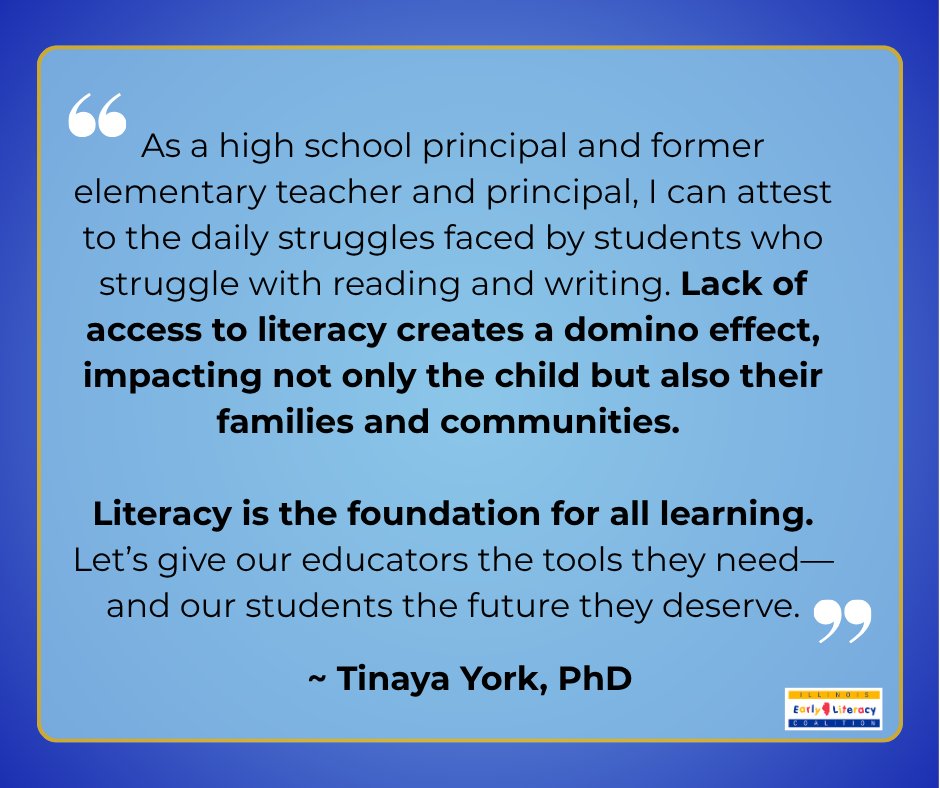 "Let’s give our educators the tools they need—and our students the future they deserve."

Thank you to coalition member, Dr. Tinaya York, for submitting written testimony supporting $70M for literacy! You too can submit a testimony to ISBE before 10/31 📝

ilearlyliteracy.org/how-to-request…