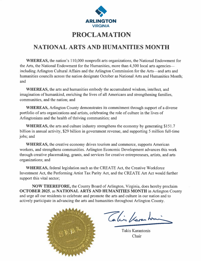 October is National Arts and Humanities Month in Arlington. The County Board celebrates our arts community and partners such as Embracing Arlington Arts for their work in strengthening culture, connection, and creativity across the County.