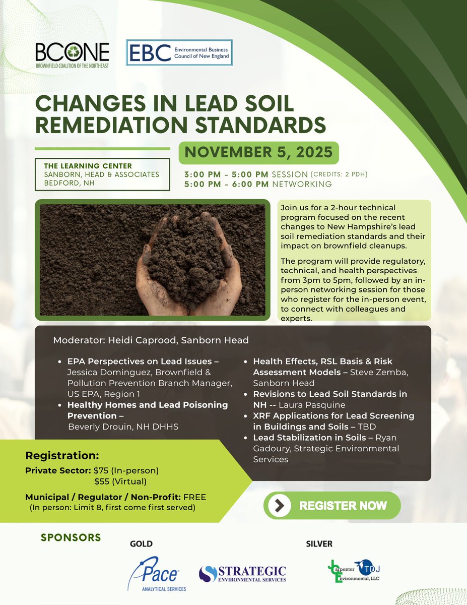 ⚠️ Join BCONE and EBCNE on November 5, 2025, at The Learning Center, Sanborn Head &amp; Associates (Bedford, NH) for a 2-hour deep dive into New Hampshire’s updated lead soil remediation standards.

👉 Don’t get left behind — reserve your seat today: swiy.co/j6w1