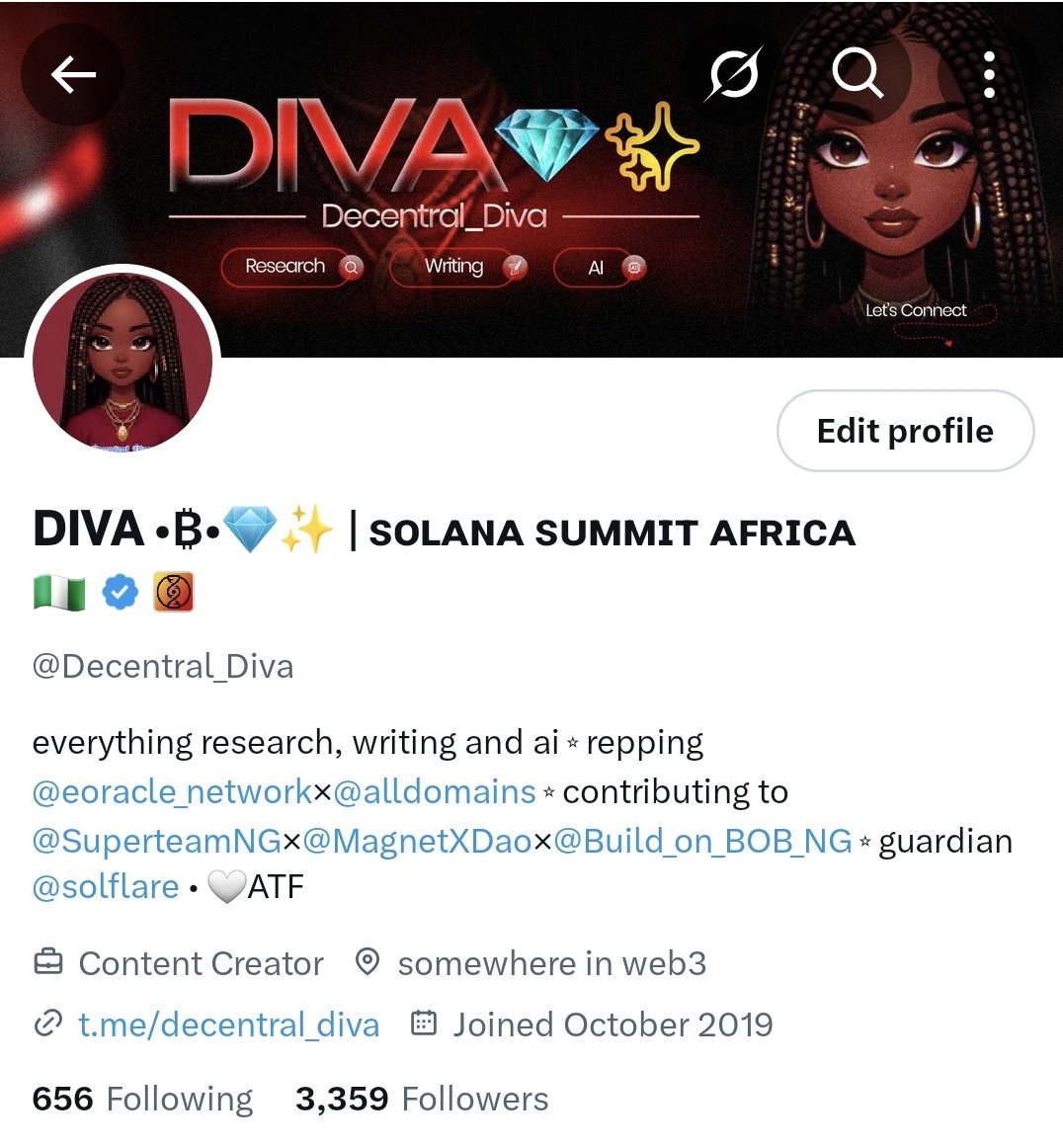 Decentral_Diva's tweet image. she looks pretty 🥺🥺
been with the @alldomains fam for a while
and i finally got a badge. means a lot to me, shows my efforts are seen and appreciated
thank you, @devmajesty_. ngl working with you as our captain has been one of the best things to happen to me in web3. i met…