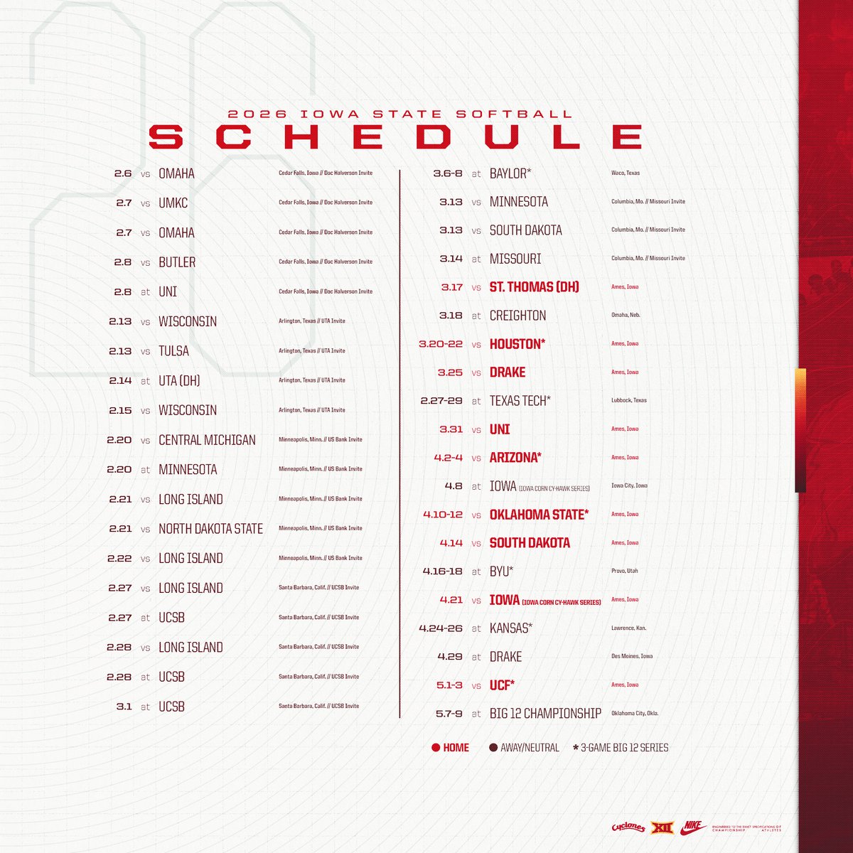 CycloneSB's tweet image. 𝗜𝗻 𝗔𝗹𝗹 𝗜𝘁𝘀 𝗚𝗹𝗼𝗿𝘆 🤩

The 2026 Cyclone Softball schedule has been announced!

📰: tinyurl.com/2y8fqd3l

🌪️🥎🌪️