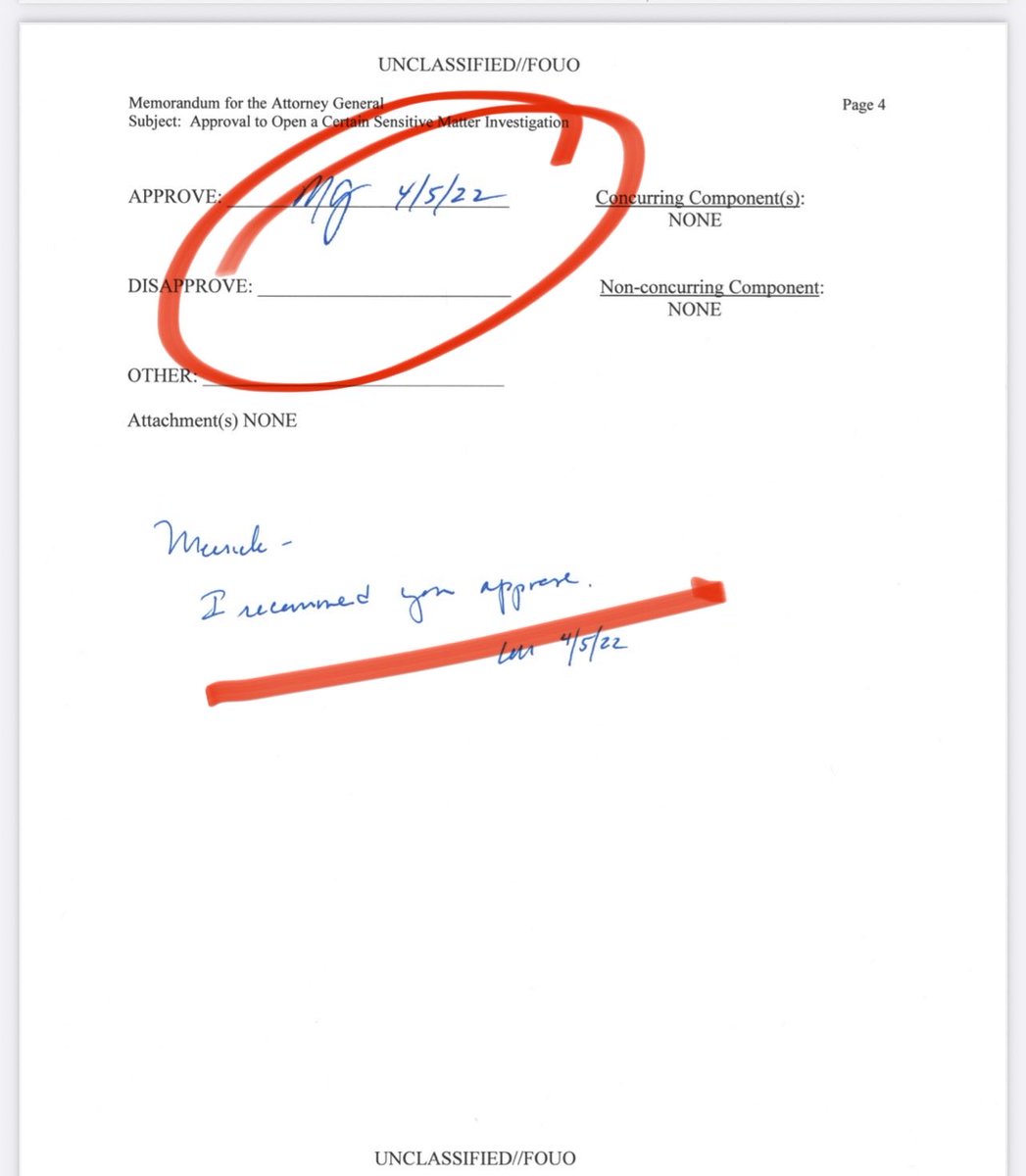 NEW:  APPROVAL CAME FROM THE TOP

Biden administration AG Garland, his deputy Lisa Monaco and then Director Christopher Wray physically signed off on FBI probe codenamed ARCTIC FROST.

The records via <a href="/ChuckGrassley/">Chuck Grassley</a> show authorization based on “limited detail and basis” including