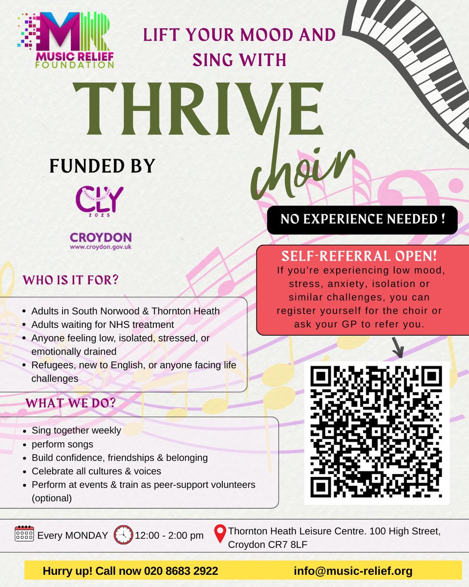 MusicReliefFou1's tweet photo. 🎤 Feeling low, isolated, or just love to sing? Join the MRF Thrive Choir — no experience needed!
🌍 Open to adults in South Norwood & Thornton Heath, incl. refugees & those awaiting NHS treatment.
🎶 Sing weekly
#ThriveChoir #MusicRelief #Community #Croydon #ChoirForWellbeing https://t.co/7AXBZpmauT