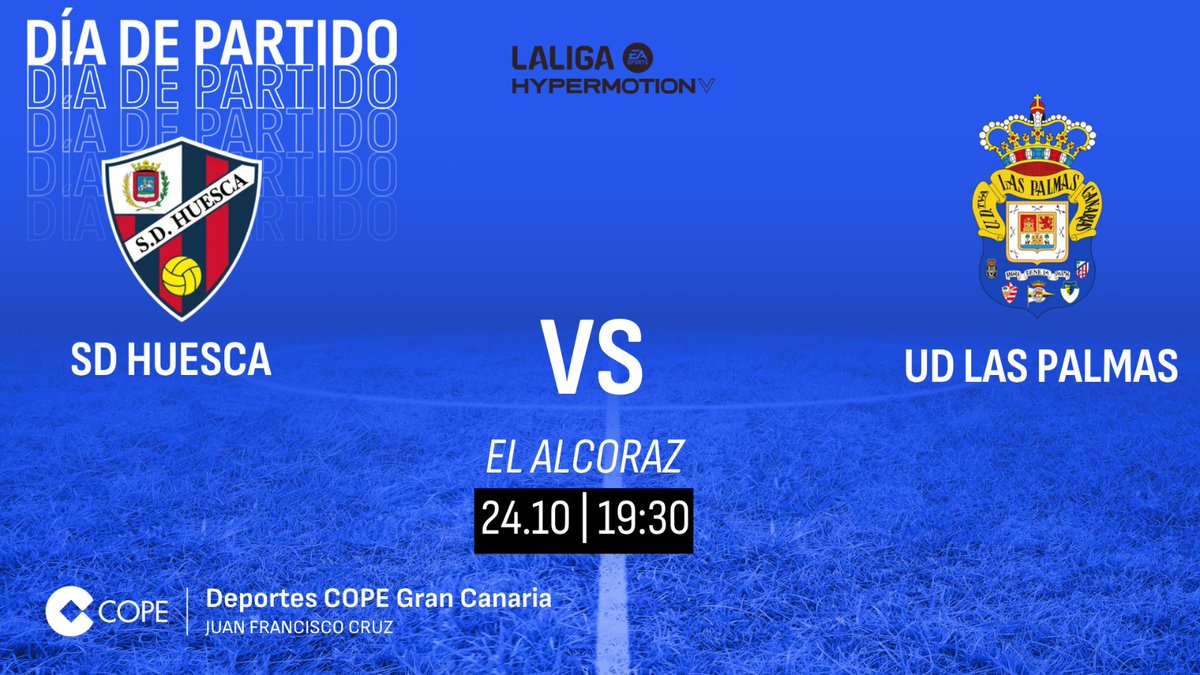 🟡🔵 ¡Este viernes hay fútbol! 

⚽ <a href="/SDHuesca/">SD Huesca</a>
⚽ <a href="/UDLP_Oficial/">UD Las Palmas</a>

🕒19.30 horas en <a href="/CopeCanarias/">COPE Canarias</a>  
  
🎙️<a href="/juanfrancruzcar/">Juan Francisco Cruz</a>
🎙️<a href="/DoramasRguez/">Doramas Rodríguez</a>
 
🎤 <a href="/javi_sanchez_p/">javi sanchez</a>
🎤 <a href="/tiferanvalido/">tiferan valido barri</a>
🎤 <a href="/JosemiAlamo/">José Miguel Álamo</a>

📻103.0 102.9 (sur) 98.3 (Lanz)
💻 cope.es/emisoras/canar…