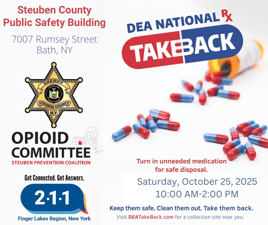 Don't forget Saturday is National Take Back Day. You can turn in unneeded medications at the Steuben County Public Safety Building from 10am-2pm.