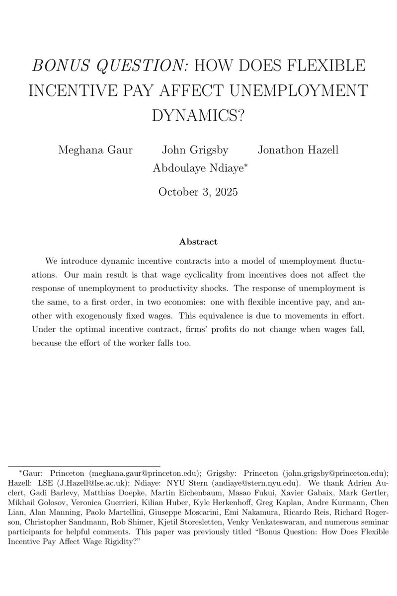 Our paper “Bonus Question: How Does Flexible Incentive Pay Affect Unemployment Dynamics?” has been accepted at the American Economic Review: Insights.

Grateful to my coauthors Meghana Gaur, John Grigsby, and Jonathon Hazell for this collaboration.

Link to the paper in the