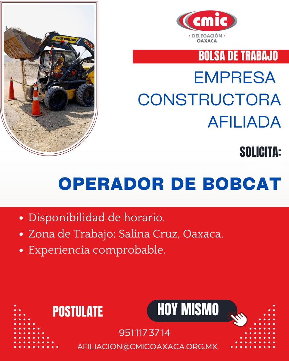 📷 Bolsa de Trabajo #CMIC #Oaxaca / 𝐎𝐏𝐄𝐑𝐀𝐃𝐎𝐑 𝐃𝐄 𝐁𝐎𝐁𝐂𝐀𝐓 📷📷
Zona de Trabajo: Salina Cruz, Oaxaca.
Más información al WhatsApp: 951 117 37 14  y/o  click en el siguiente enlace:  wa.me/message/5IAFOQ…
#BolsaDeTrabajoCMIC #bobcat #SalinaCruz #salinacruzoaxaca