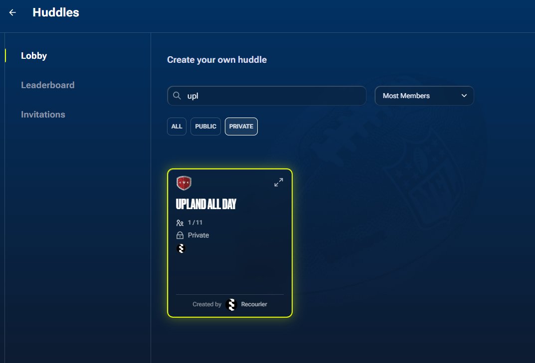 If you play <a href="/UplandMe/">Upland</a> and <a href="/NFLALLDAY/">NFL ALL DAY</a> let me know.  I am starting up a huddle on NFL All Day and open to inviting people.

Just hit me up in DM here or Discord with your NFL All Day name.