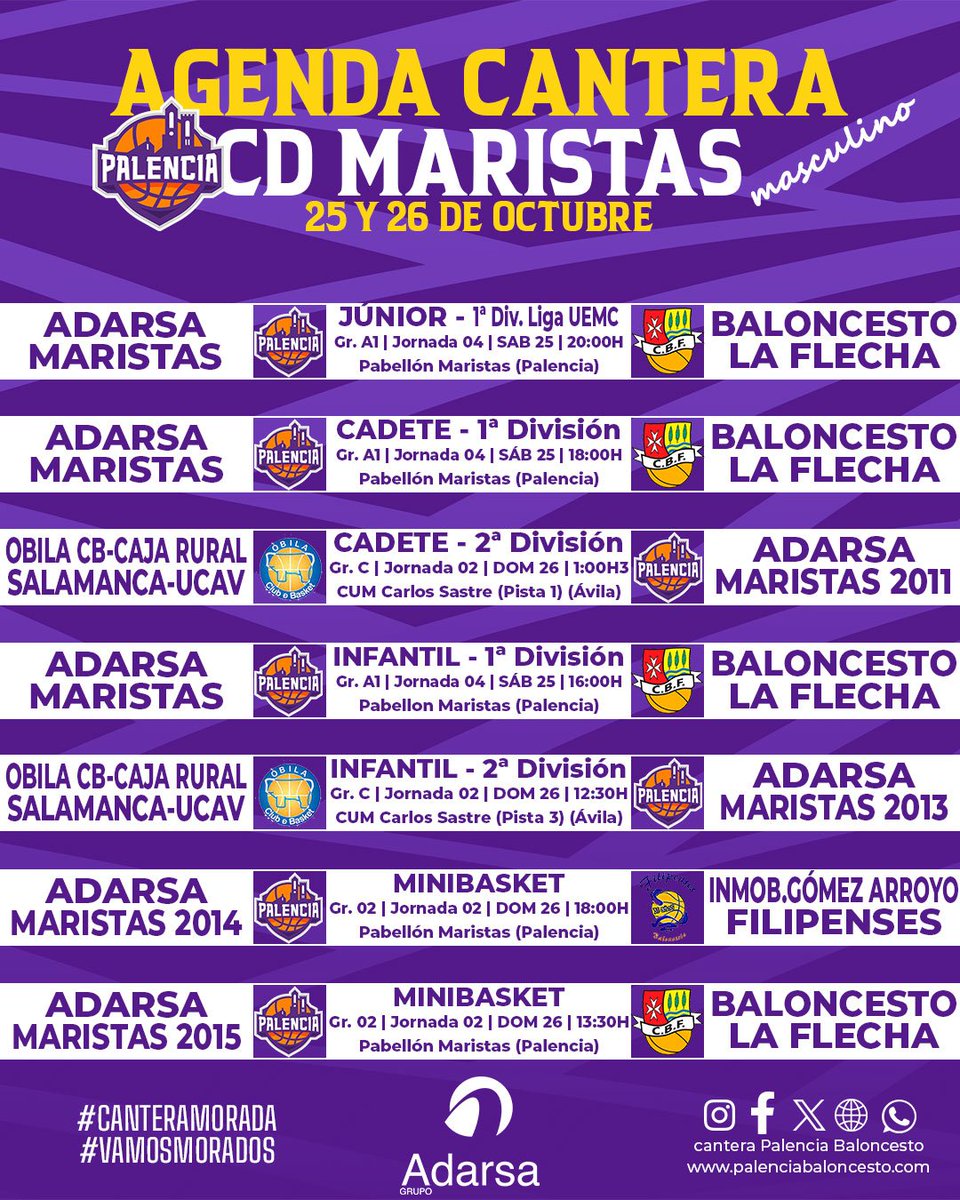 PBcantera's tweet image. #AgendaMorada |
💜 Nueva jornada de la competición @fbcyl antes de un nuevo parón 
🔍 Por fin, debut de los mini masculinos
🚨 8 partidos como locales
#CDMaristas
#VamosMorados
#GuerrerasMoradas