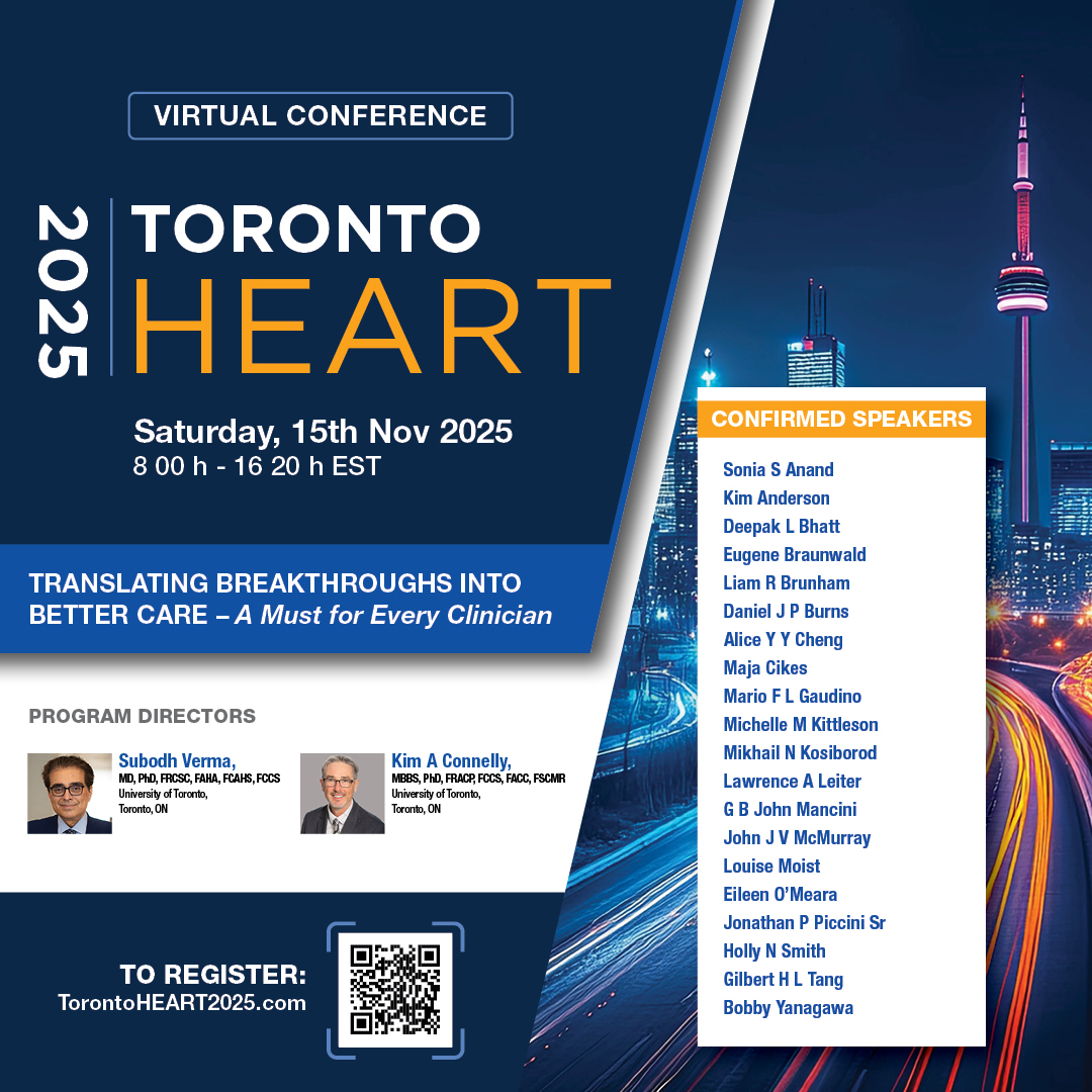 SubodhVermaMD's tweet image. Honoured to serve as a Program Director for Toronto HEART 2025 (virtual), a one-day virtual conference on 15 Nov 2025 focused on translating breakthroughs into better care 🫀⚕️. Register: torontoheart2025.ca
@uoftmedicine @UnityHealthTO @StMichaelsFdn @cscs_sccc…